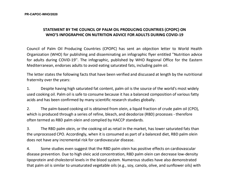 PRESS RELEASE: STATEMENT BY THE COUNCIL OF PALM OIL PRODUCING COUNTRIES (CPOPC) ON WHO�S INFOGRAPHIC ON NUTRITION ADVICE FOR ADULTS DURING COVID-19